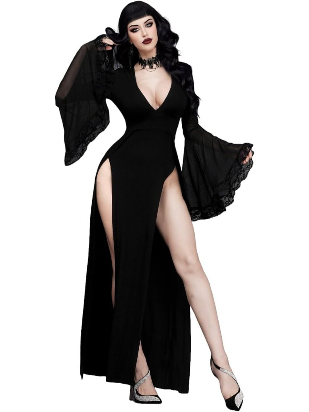 Gothic Bell Sleeve Lace High Slit Long Dress for Halloween Party & Events